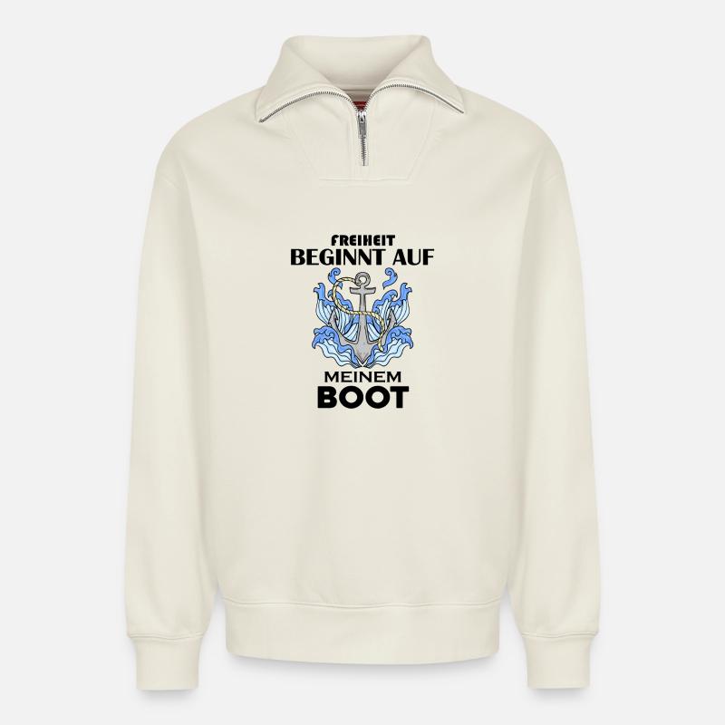 Motorboot Kapitän - Relaxed Unisex Organic Half Zip Sweatshirt – von SPREAD - Naturweiß