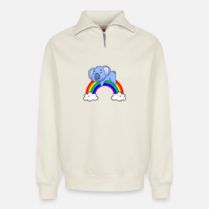 Koala arc-en-ciel - Sweat unisexe décontracté en coton biologique à demi-zip – de SPREAD - blanc cassé