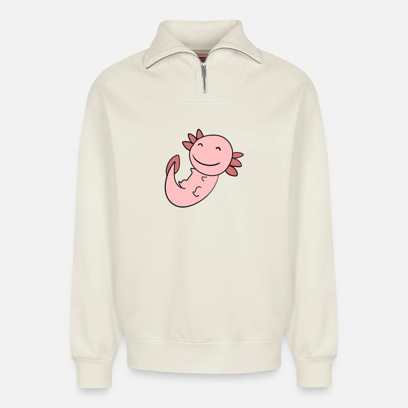 Süßes Axolotl Rosa - Relaxed Unisex Organic Half Zip Sweatshirt – von SPREAD - Naturweiß