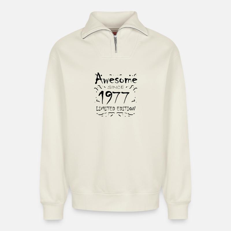 1977 - Born 1977 - Relaxed Unisex Organic Half Zip Sweatshirt – by SPREAD - off white