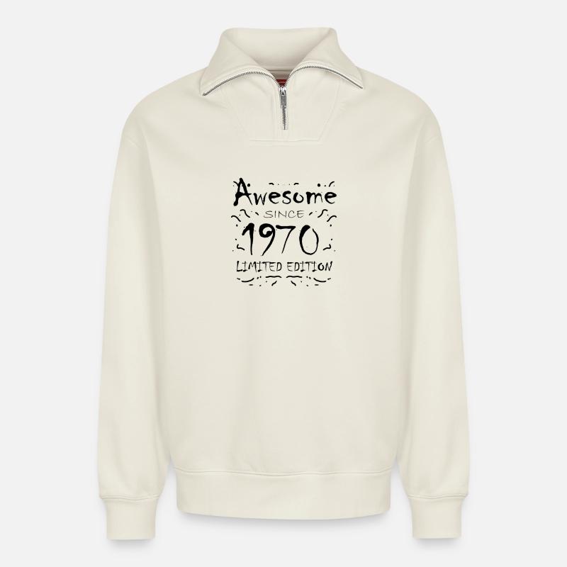 1970 - Born 1970 - Relaxed Unisex Organic Half Zip Sweatshirt – by SPREAD - off white