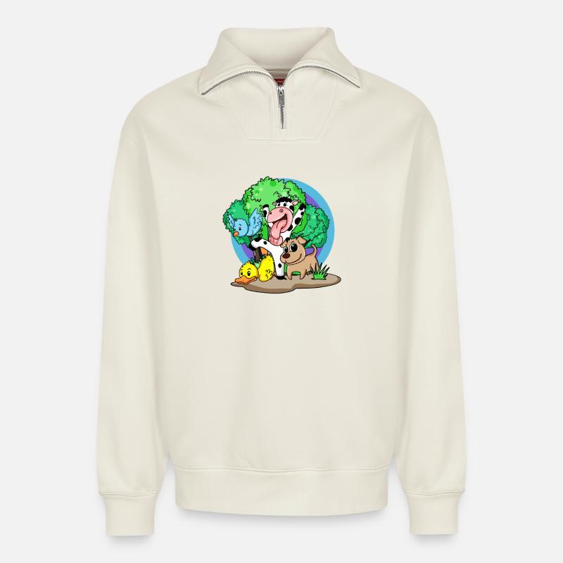 Cute animals - Relaxed Unisex Organic Half Zip Sweatshirt – by SPREAD - off white