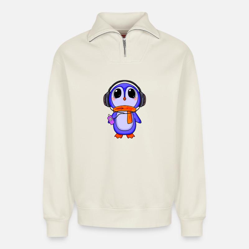 Pinguin hört Musik - Relaxed Unisex Organic Half Zip Sweatshirt – von SPREAD - Naturweiß