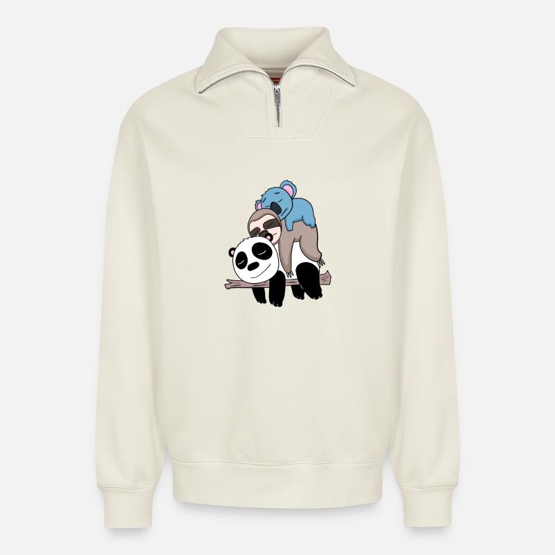 Panda sloth and koala - Relaxed Unisex Organic Half Zip Sweatshirt – by SPREAD - off white