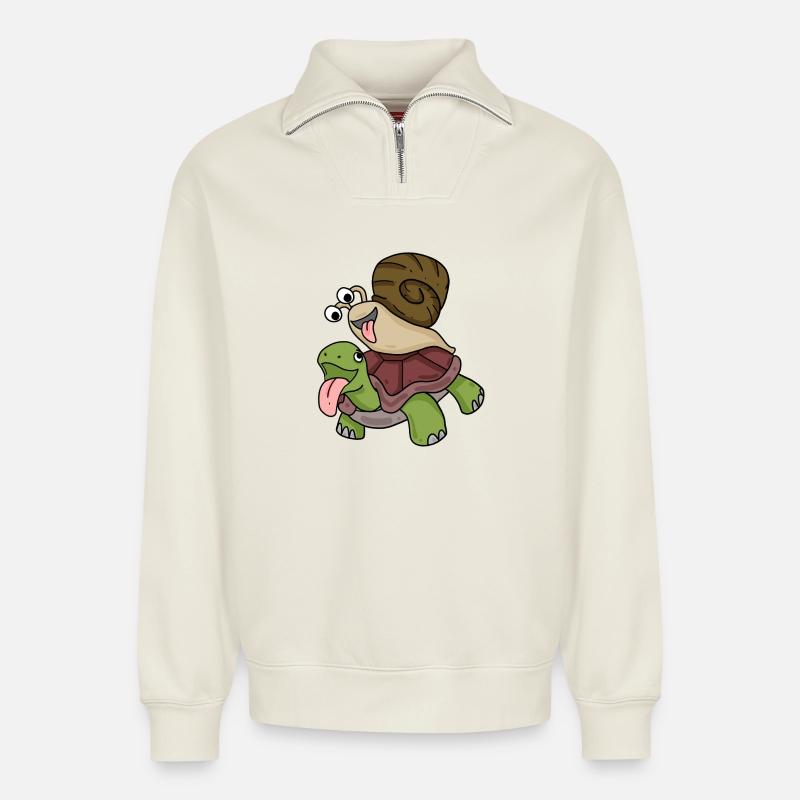 Tortue et escargot - Sweat unisexe décontracté en coton biologique à demi-zip – de SPREAD - blanc cassé