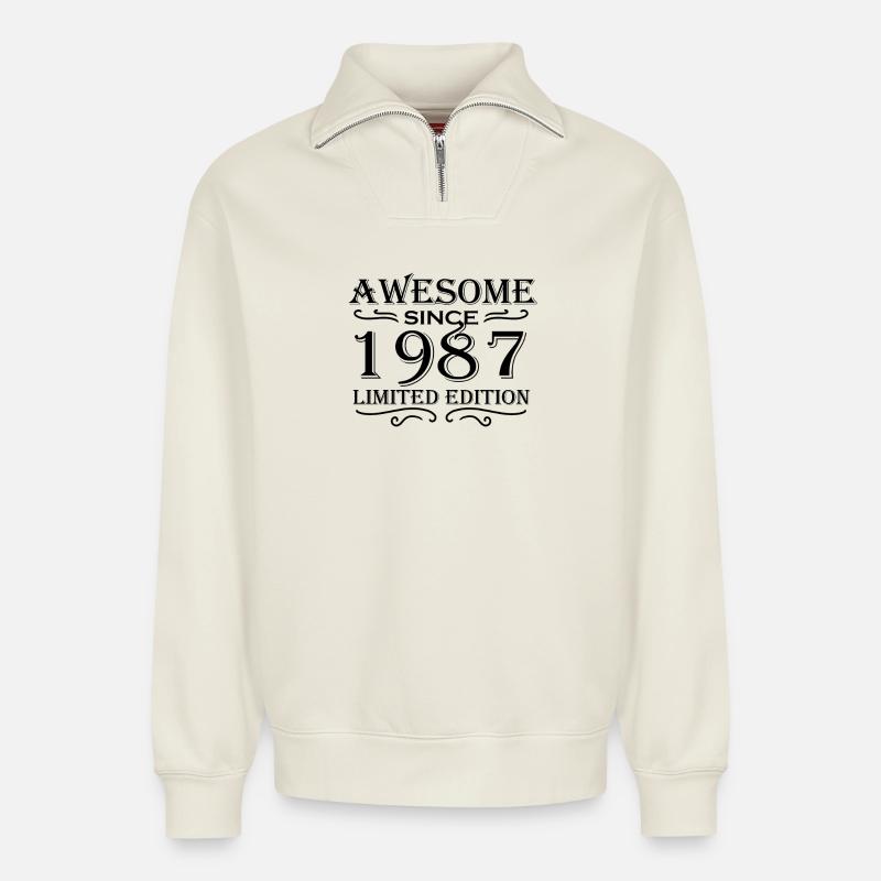 1987 - Born 1987 - Relaxed Unisex Organic Half Zip Sweatshirt – by SPREAD - off white