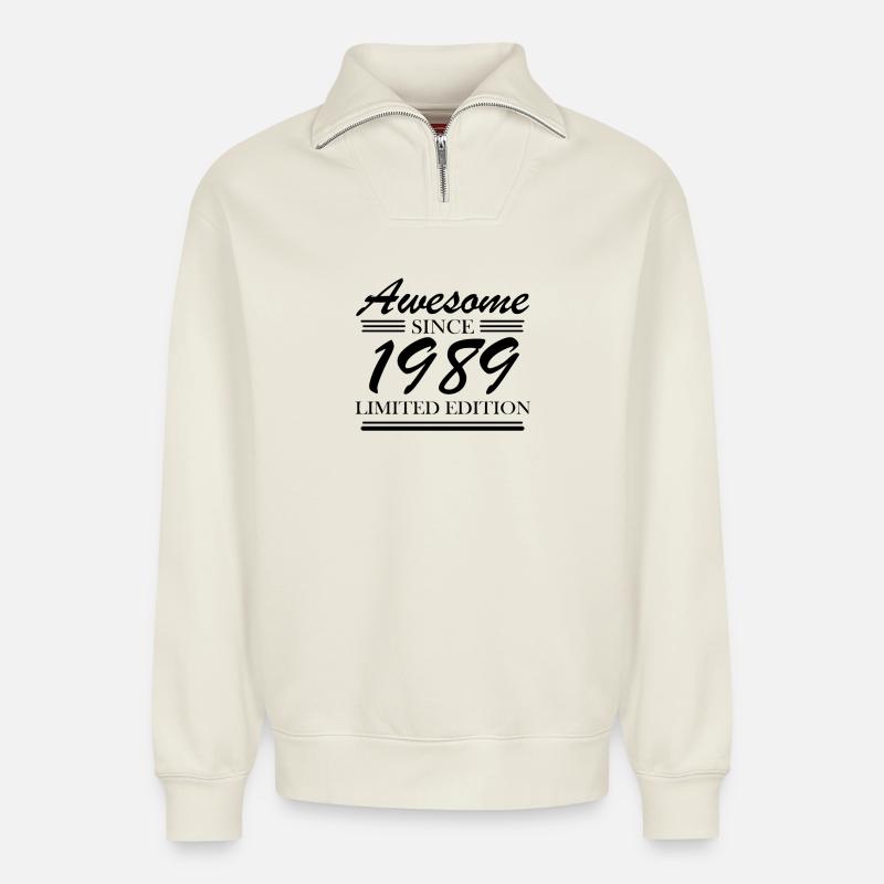 1989 - Born 1989 - Relaxed Unisex Organic Half Zip Sweatshirt – by SPREAD - off white
