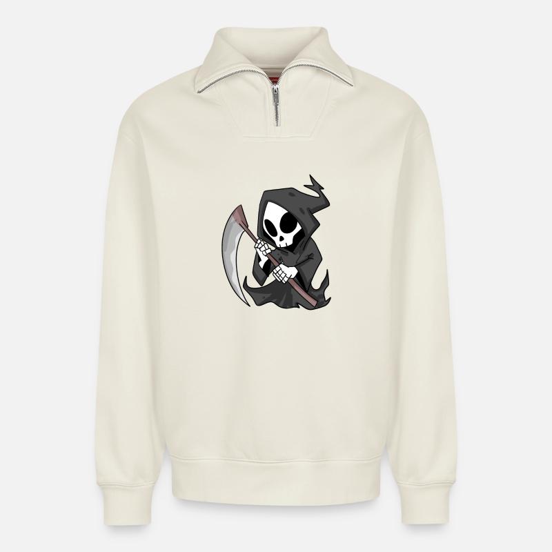 Grim Reaper with Scythe - Relaxed Unisex Organic Half Zip Sweatshirt – by SPREAD - off white