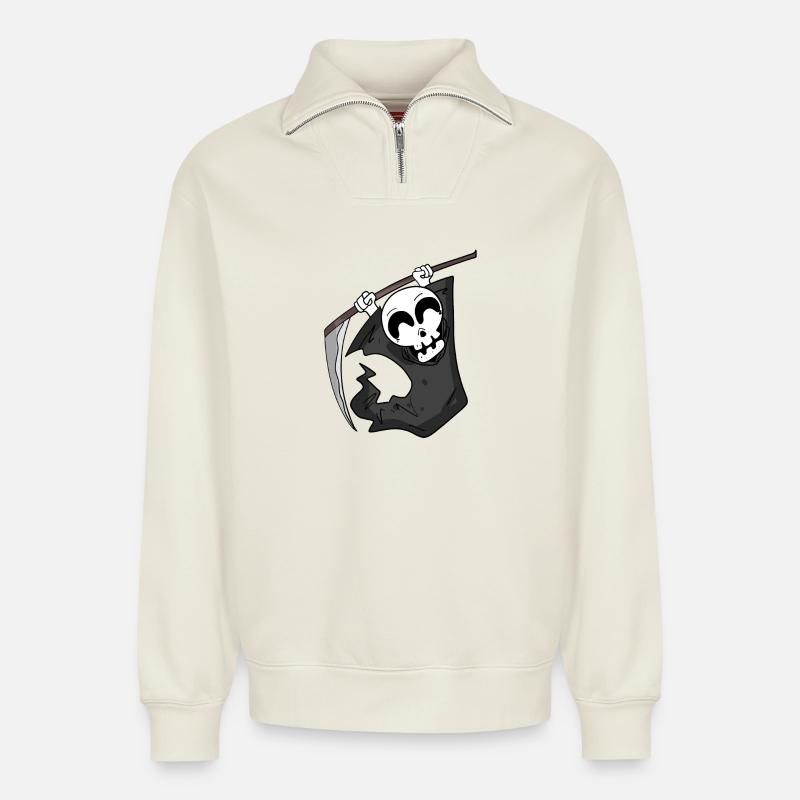 Grim Reaper is pleased - Relaxed Unisex Organic Half Zip Sweatshirt – by SPREAD - off white