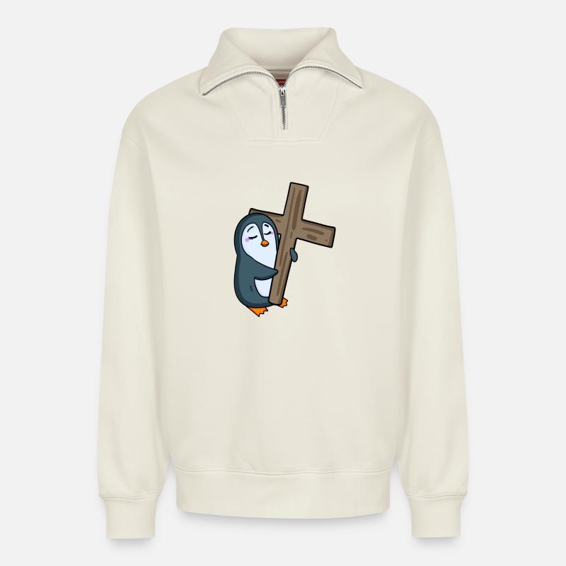 Pinguin mit Kreuz - Relaxed Unisex Organic Half Zip Sweatshirt – von SPREAD - Naturweiß