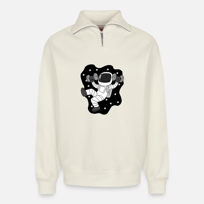 Astronaut with dumbbells in space - Relaxed Unisex Organic Half Zip Sweatshirt – by SPREAD - off white
