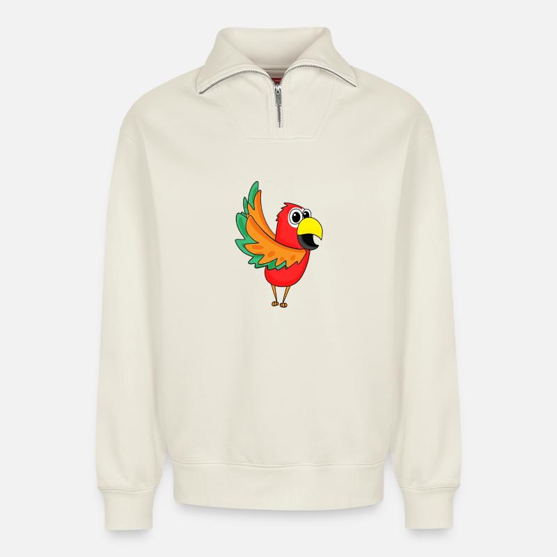 Jungle de perroquets - Sweat unisexe décontracté en coton biologique à demi-zip – de SPREAD - blanc cassé