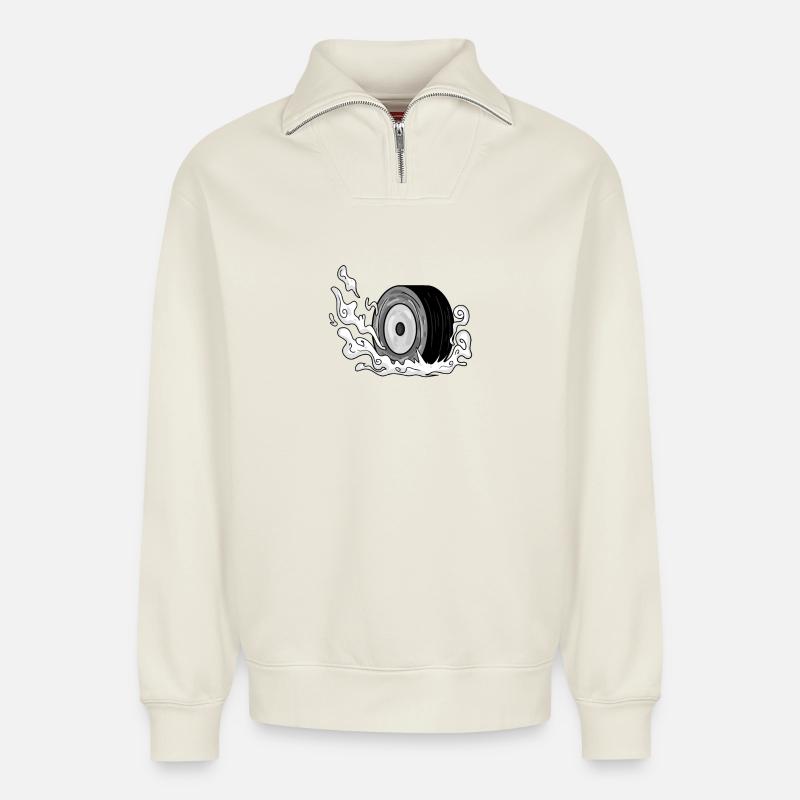 Pneus à la dérive - Sweat unisexe décontracté en coton biologique à demi-zip – de SPREAD - blanc cassé