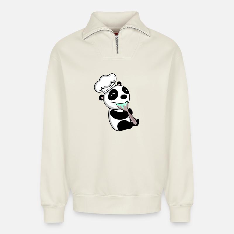 Panda Chef Cute - Relaxed Unisex Organic Half Zip Sweatshirt – by SPREAD - off white