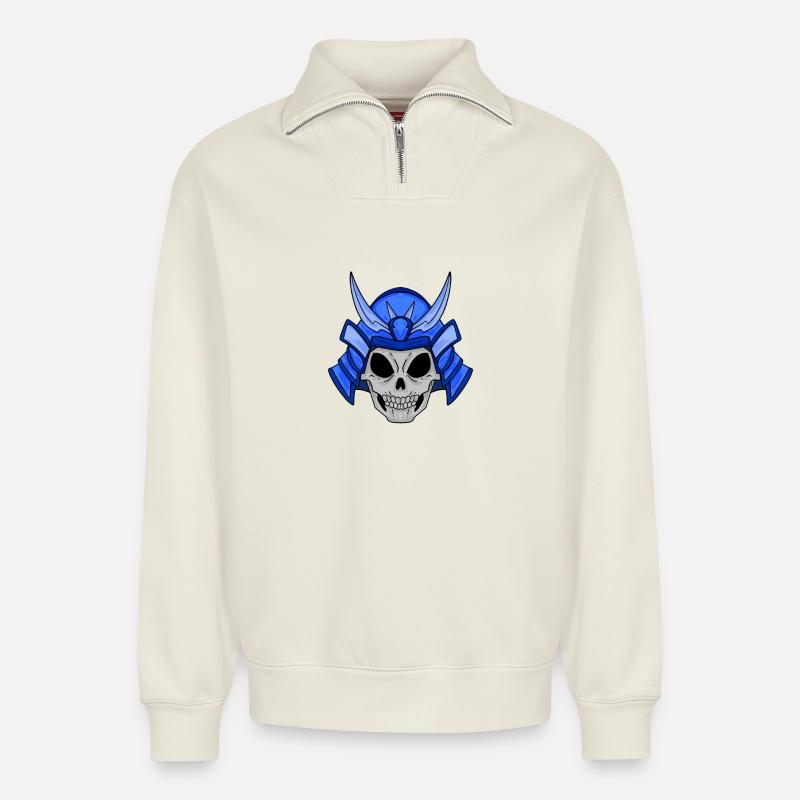 Crâne de samouraï - Sweat unisexe décontracté en coton biologique à demi-zip – de SPREAD - blanc cassé