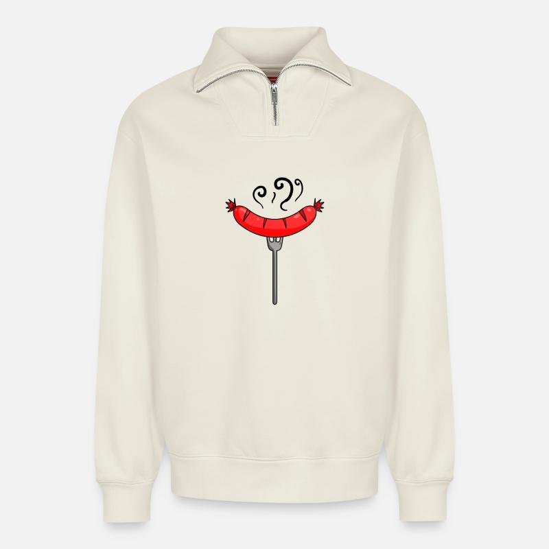 Sausage Currywurst Meat Bratwurst Grillwurst - Relaxed Unisex Organic Half Zip Sweatshirt – by SPREAD - off white