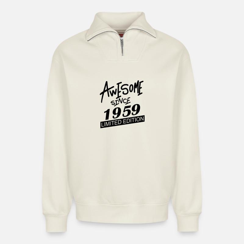 1959 - Born 1959 - Relaxed Unisex Organic Half Zip Sweatshirt – by SPREAD - off white