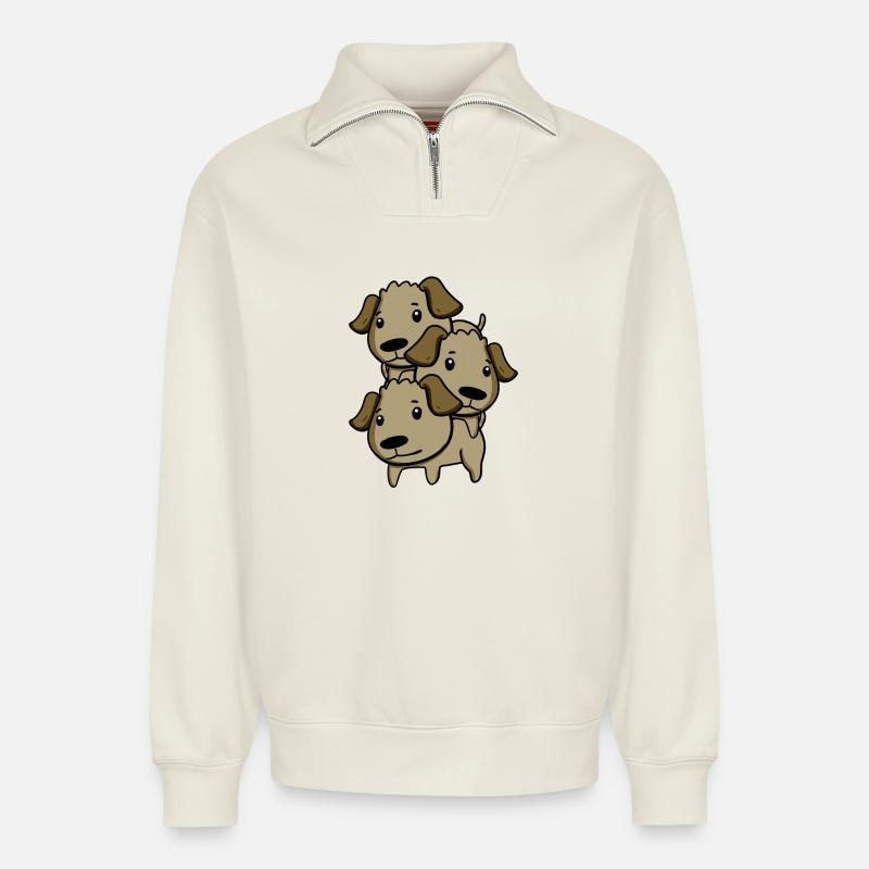 Chiens mignons - Sweat unisexe décontracté en coton biologique à demi-zip – de SPREAD - blanc cassé