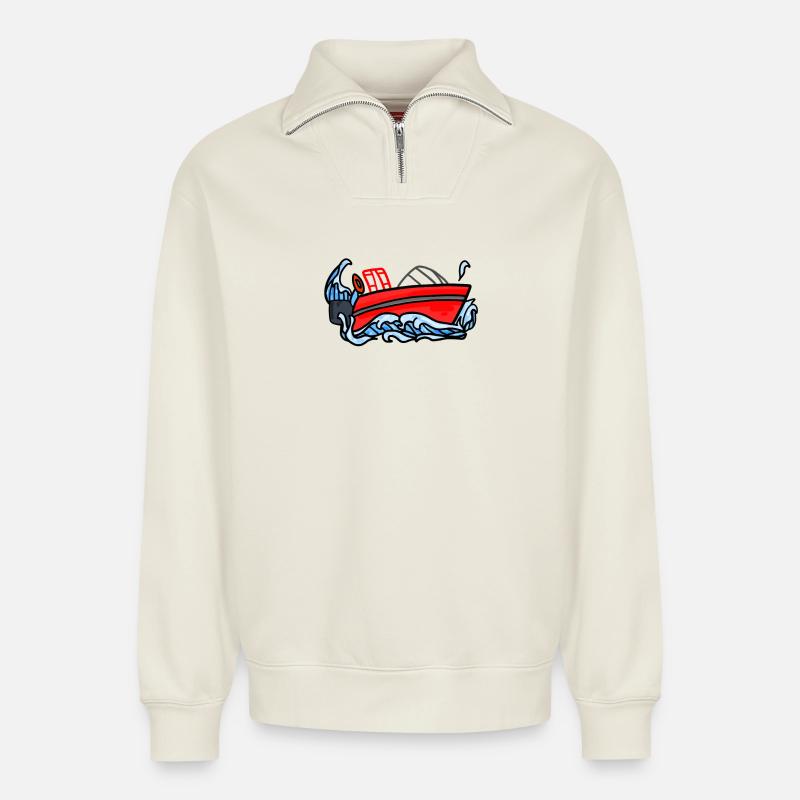 Feuerwehr Boot - Relaxed Unisex Organic Half Zip Sweatshirt – von SPREAD - Naturweiß