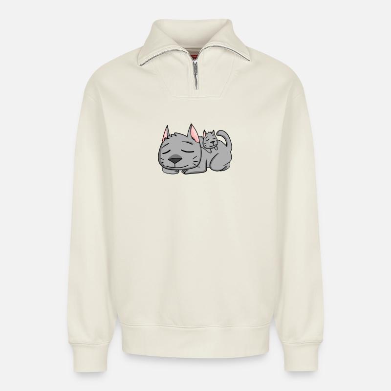 Chat avec bébé chat - Sweat unisexe décontracté en coton biologique à demi-zip – de SPREAD - blanc cassé