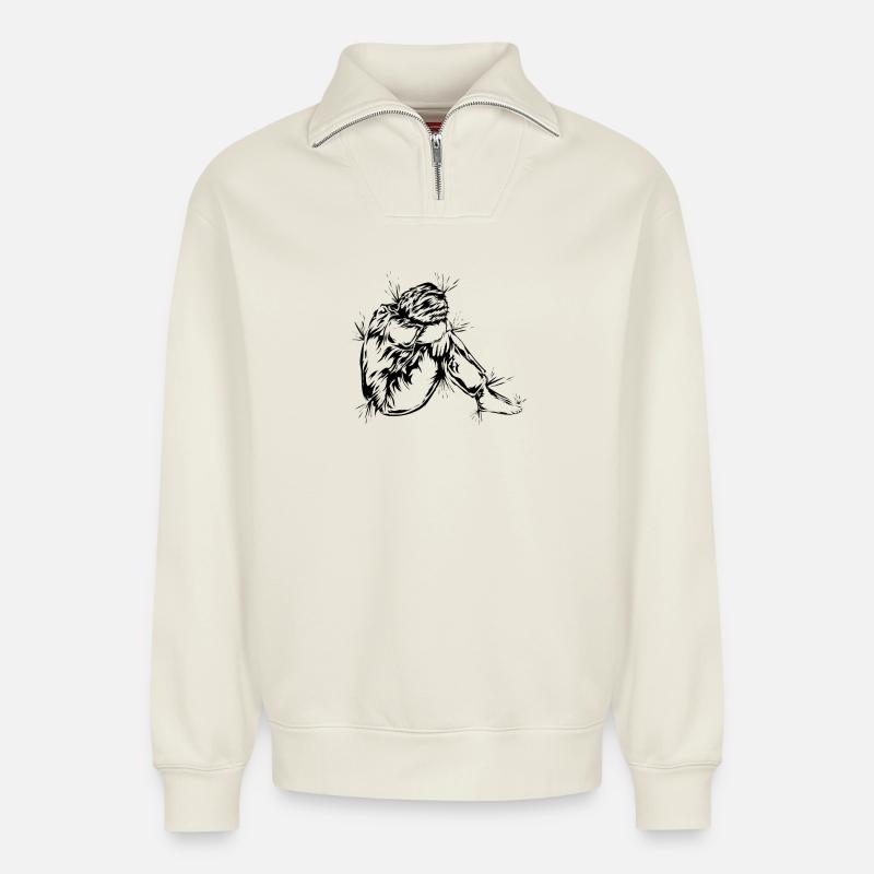 Deuil Dépression - Sweat unisexe décontracté en coton biologique à demi-zip – de SPREAD - blanc cassé