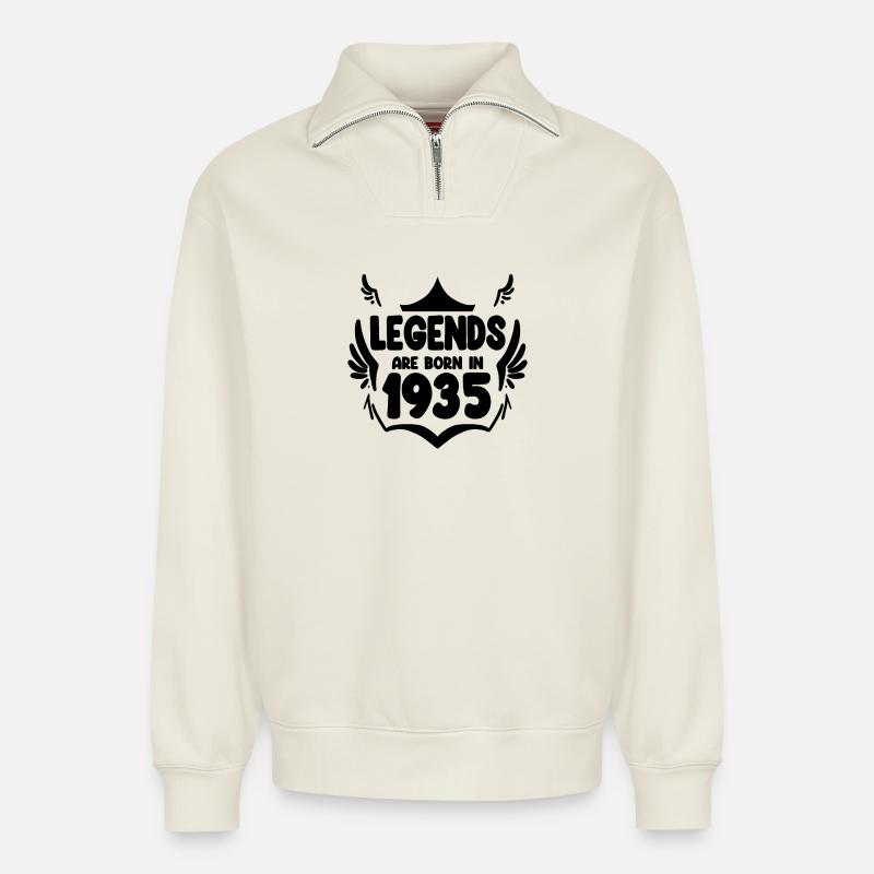 1935 - Born 1935 - Relaxed Unisex Organic Half Zip Sweatshirt – by SPREAD - off white