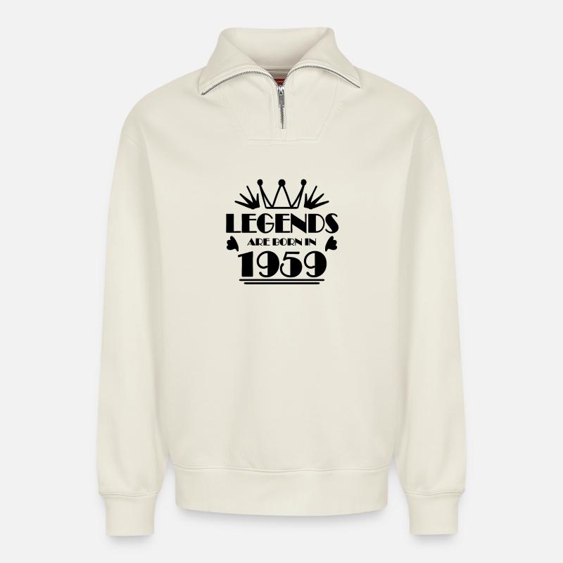 1959 - Born 1959 - Relaxed Unisex Organic Half Zip Sweatshirt – by SPREAD - off white