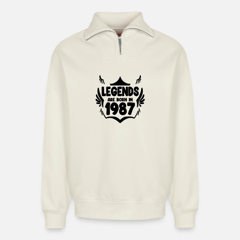 1987 - Born 1987 - Relaxed Unisex Organic Half Zip Sweatshirt – by SPREAD - off white
