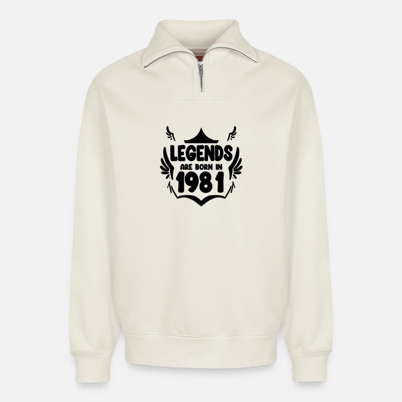 1981 - Né en 1981 - Sweat unisexe décontracté en coton biologique à demi-zip – de SPREAD - blanc cassé