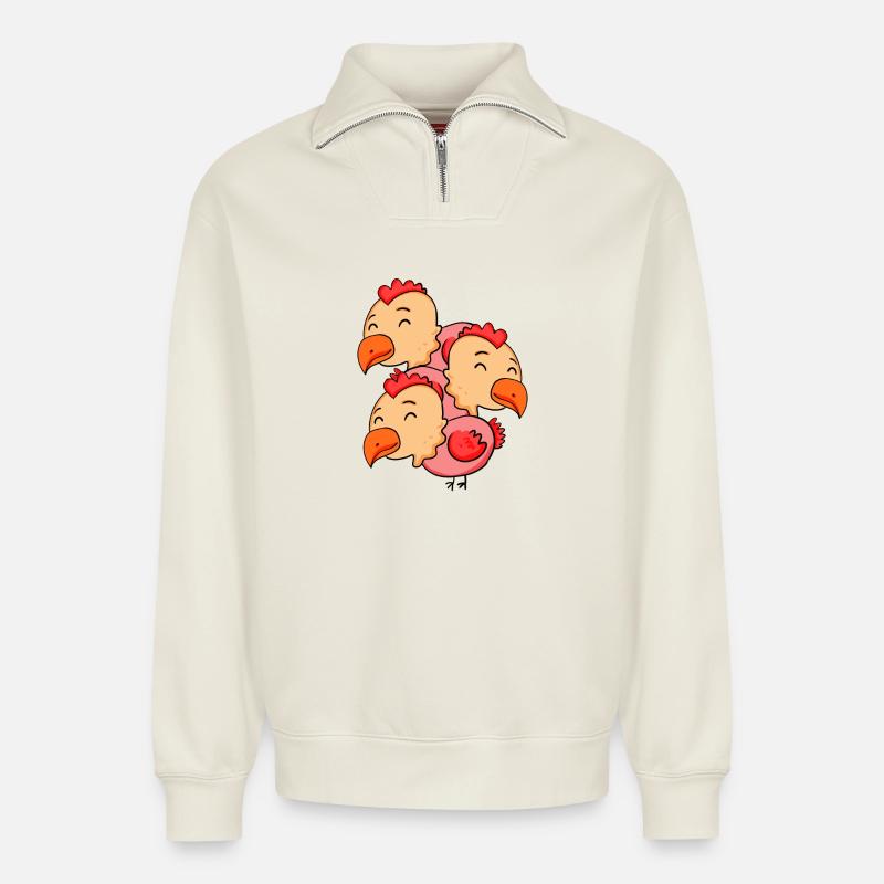 Poulets mignons - Poulet - Sweat unisexe décontracté en coton biologique à demi-zip – de SPREAD - blanc cassé