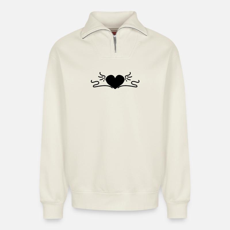 Herz Schwarz - Relaxed Unisex Organic Half Zip Sweatshirt – von SPREAD - Naturweiß