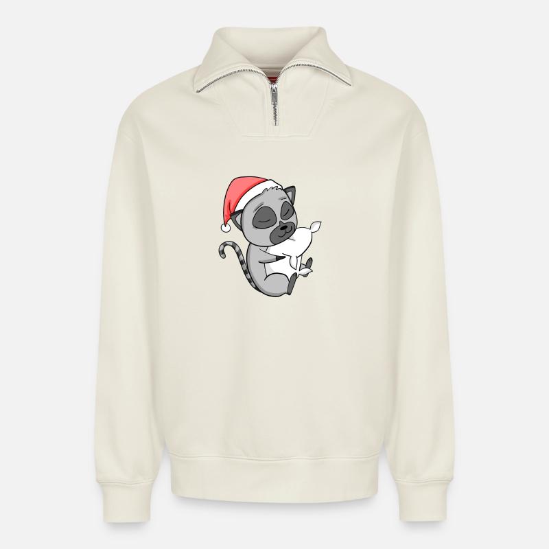 Lemur Christmas - Relaxed Unisex Organic Half Zip Sweatshirt – by SPREAD - off white