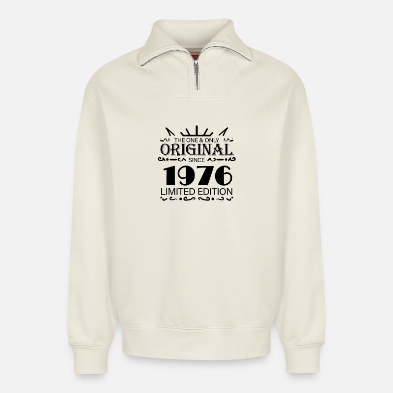 Born 1976 - Relaxed Unisex Organic Half Zip Sweatshirt – by SPREAD - off white