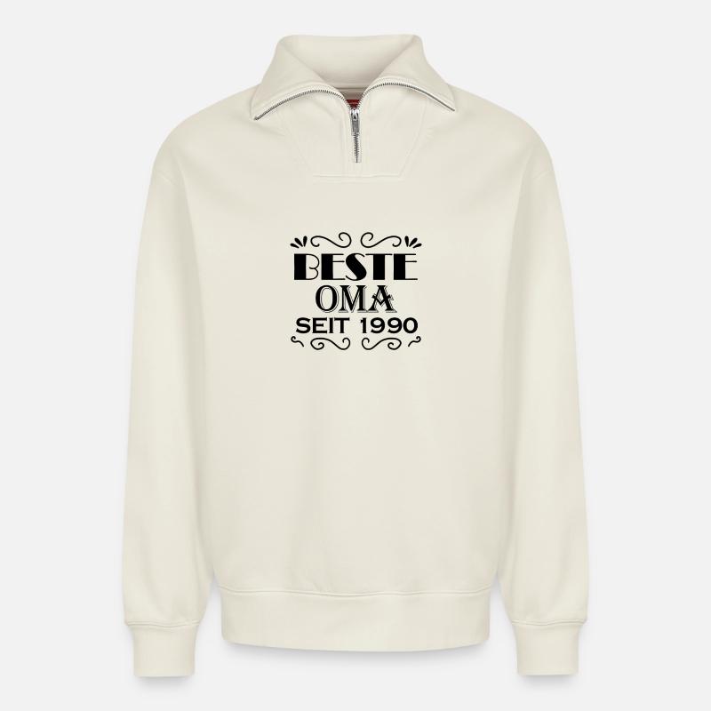 Beste Oma seit 1990 - Relaxed Unisex Organic Half Zip Sweatshirt – von SPREAD - Naturweiß