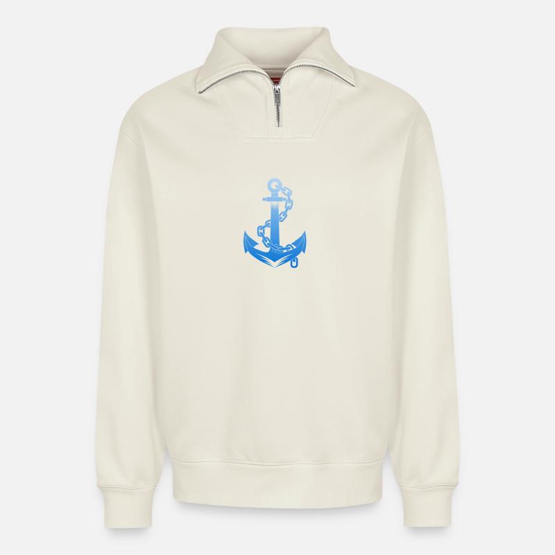 Saillier d’ancre Sailboat Design - Sweat unisexe décontracté en coton biologique à demi-zip – de SPREAD - blanc cassé