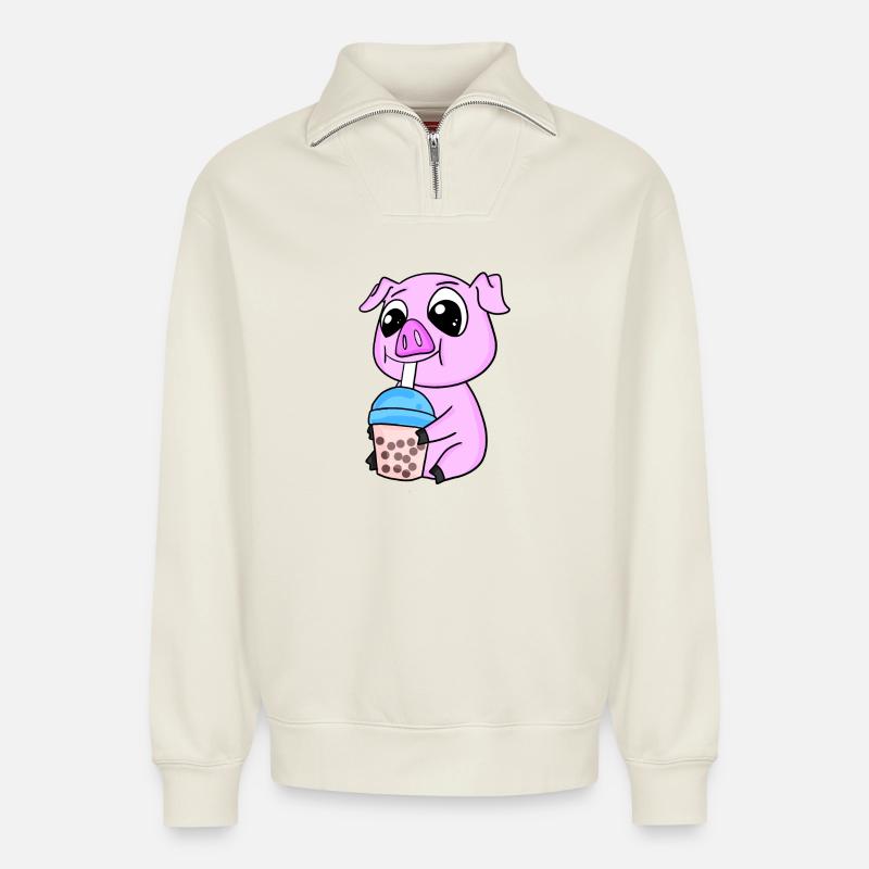 Pork Bubble tea Motif - Relaxed Unisex Organic Half Zip Sweatshirt – by SPREAD - off white