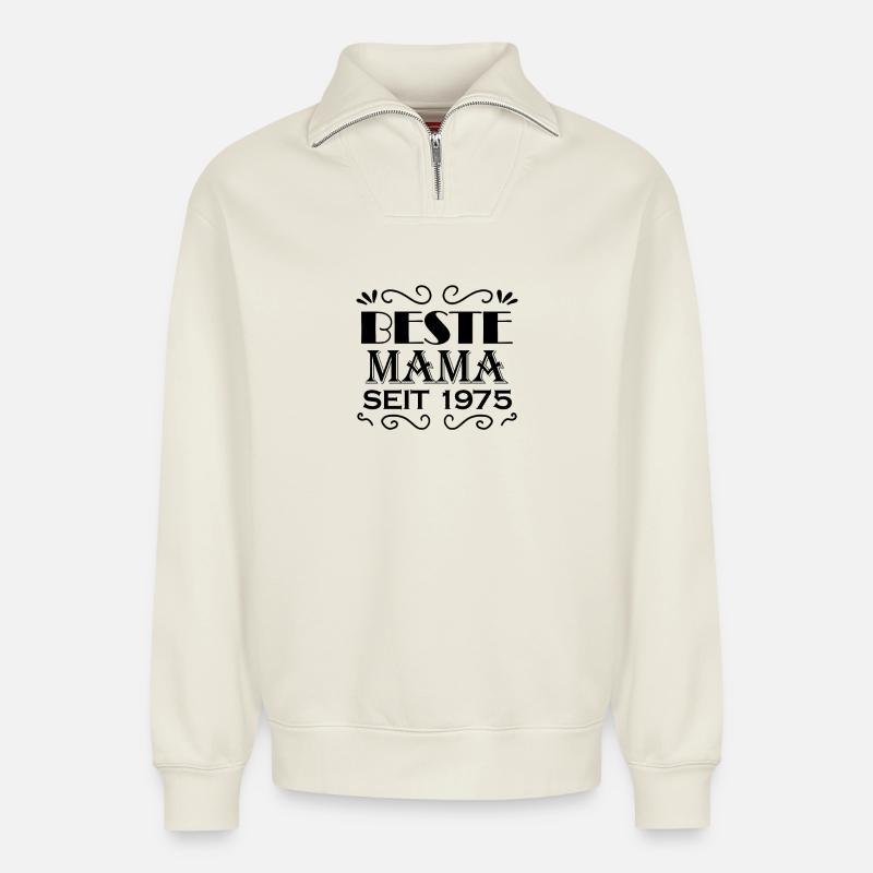 Beste Mama seit 1975 - Relaxed Unisex Organic Half Zip Sweatshirt – von SPREAD - Naturweiß