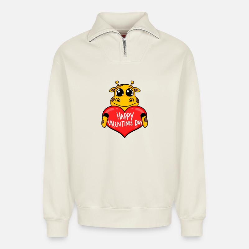 Valentine's Day Heart Giraffe - Relaxed Unisex Organic Half Zip Sweatshirt – by SPREAD - off white