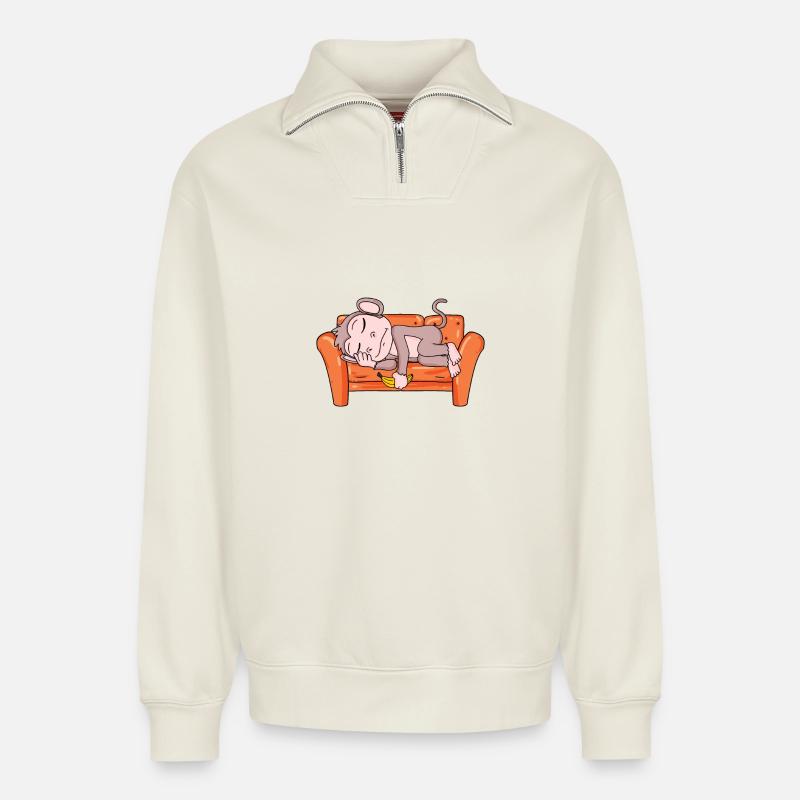Singe - Sweat unisexe décontracté en coton biologique à demi-zip – de SPREAD - blanc cassé