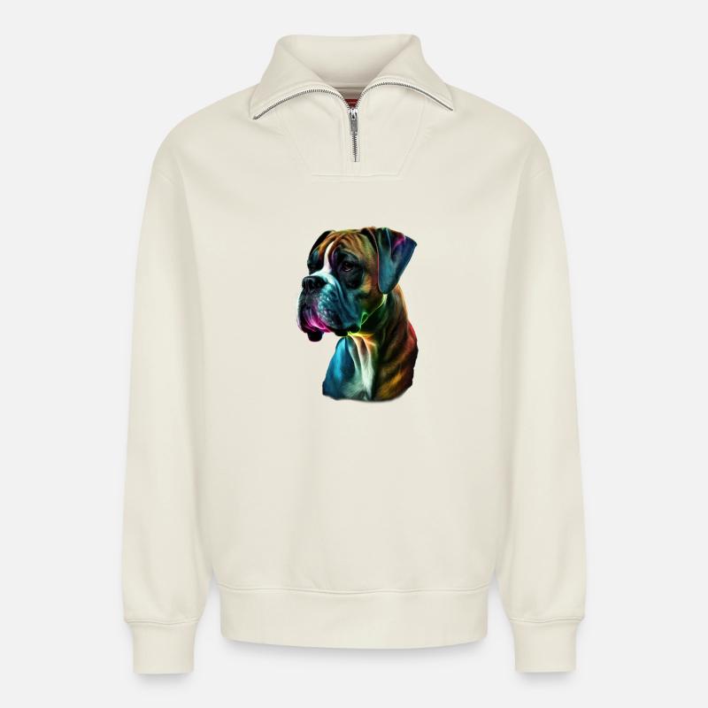 Boxer Hund bunt - Relaxed Unisex Organic Half Zip Sweatshirt – von SPREAD - Naturweiß