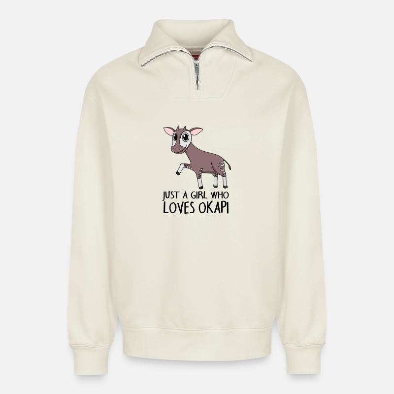 Okapi Mädchen Spruch - Relaxed Unisex Organic Half Zip Sweatshirt – von SPREAD - Naturweiß