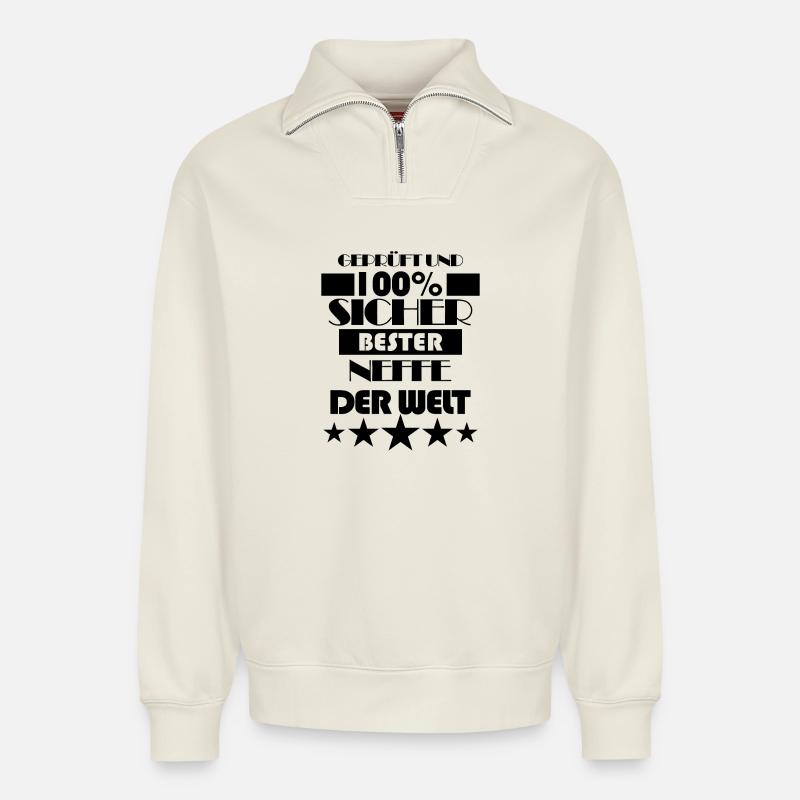 Neffe SpruchGeschenk - Relaxed Unisex Organic Half Zip Sweatshirt – von SPREAD - Naturweiß