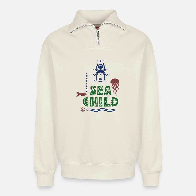 Design pour les plongeurs - Sweat unisexe décontracté en coton biologique à demi-zip – de SPREAD - blanc cassé