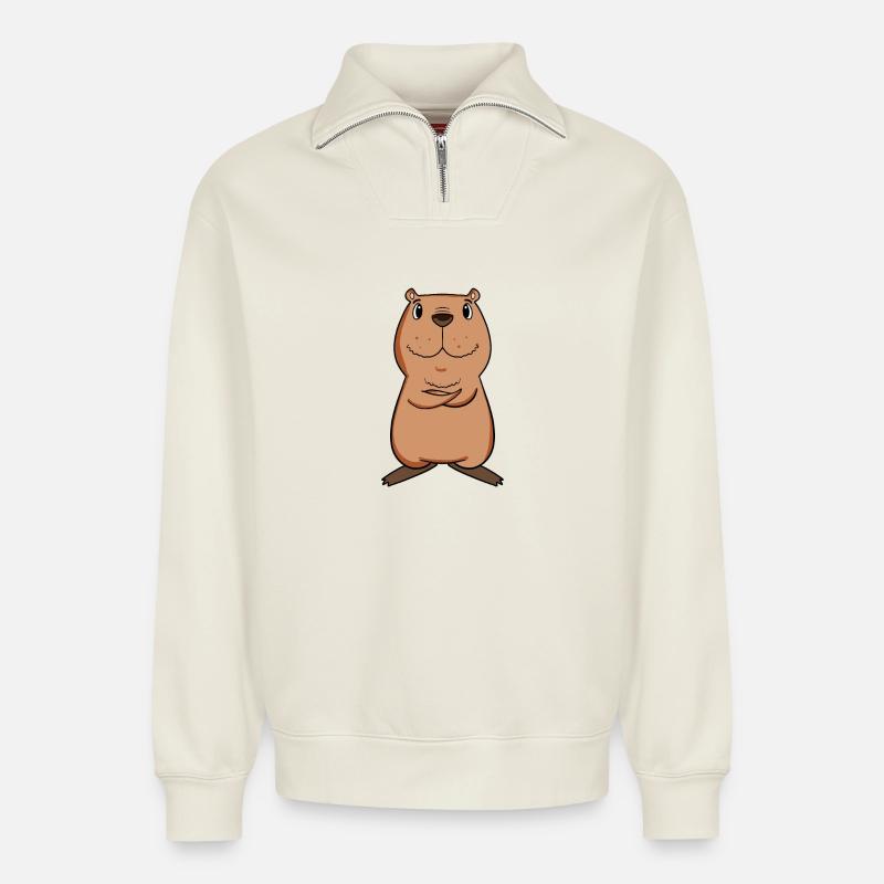 Capybara capybara motif - Relaxed Unisex Organic Half Zip Sweatshirt – by SPREAD - off white