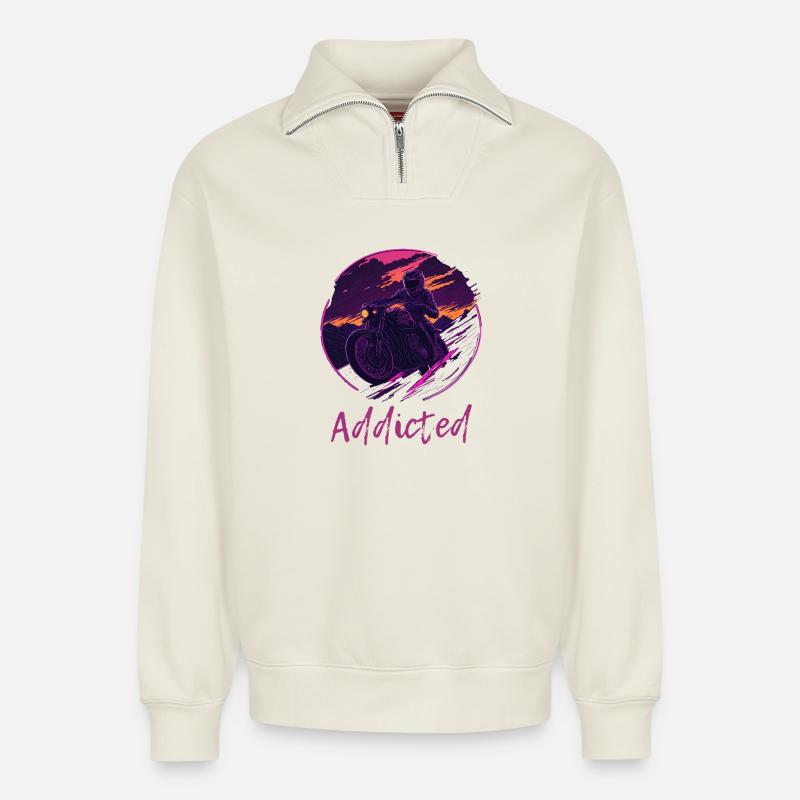 Synthwave Motorcycle Addicted - Relaxed Unisex Organic Half Zip Sweatshirt – by SPREAD - off white