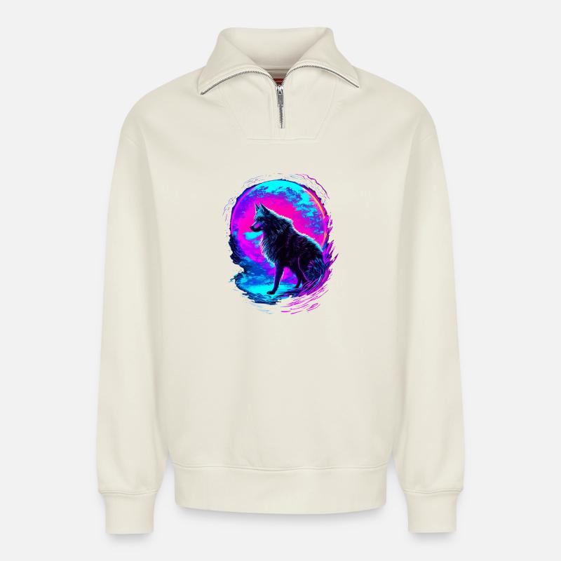 Wolf Neon Moon Synthwave - Sweat unisexe décontracté en coton biologique à demi-zip – de SPREAD - blanc cassé