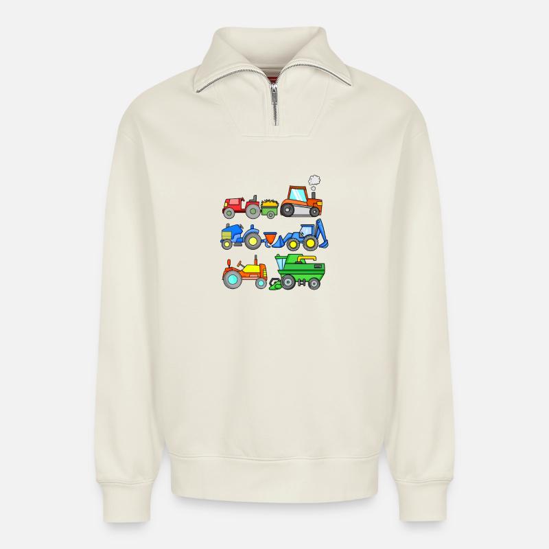 Construction site vehicles - Relaxed Unisex Organic Half Zip Sweatshirt – by SPREAD - off white