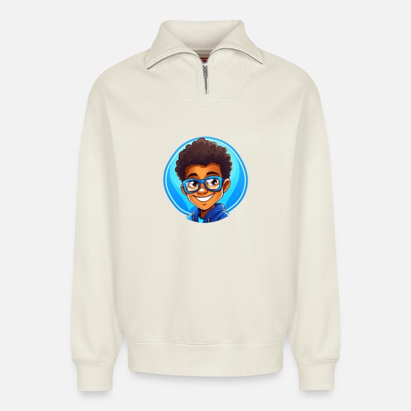 Lebhafter Kinderporträt mit Brille - Relaxed Unisex Organic Half Zip Sweatshirt – von SPREAD - Naturweiß