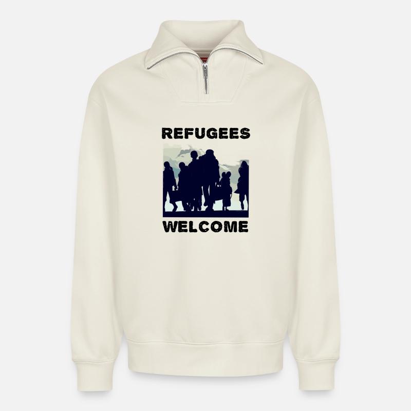 Flüchtlinge Willkommen Solidarität - Relaxed Unisex Organic Half Zip Sweatshirt – von SPREAD - Naturweiß