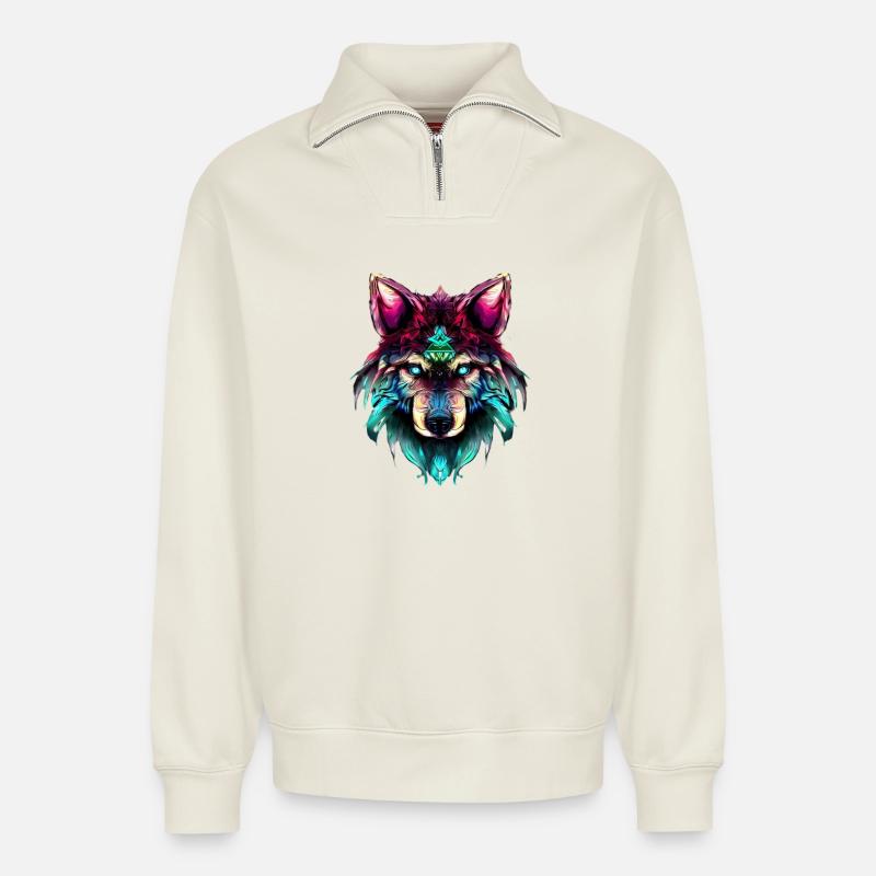 Mystischer Wolf Synthwave Wolfskopf - Relaxed Unisex Organic Half Zip Sweatshirt – von SPREAD - Naturweiß